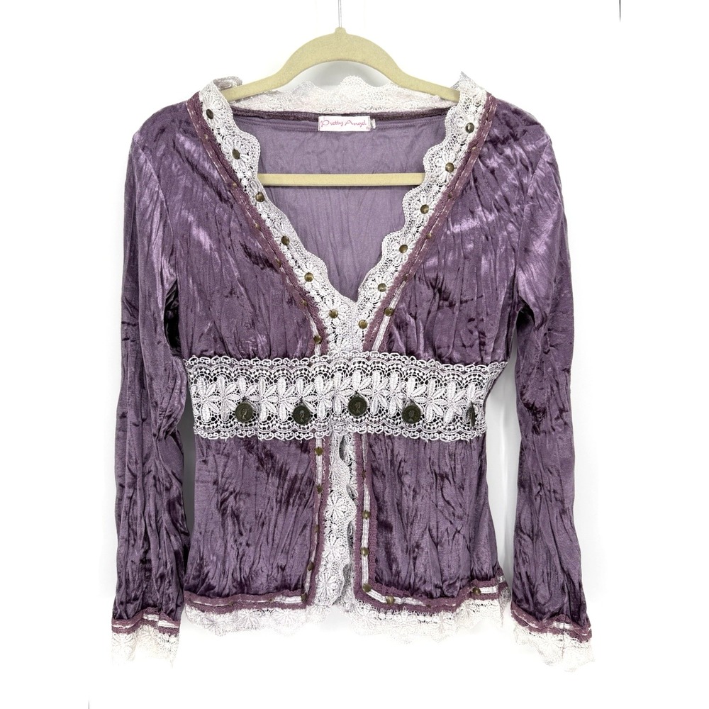 Purple Gothic Boho Victorian Peasant Crushed Velvet Lace Trim Embellished M